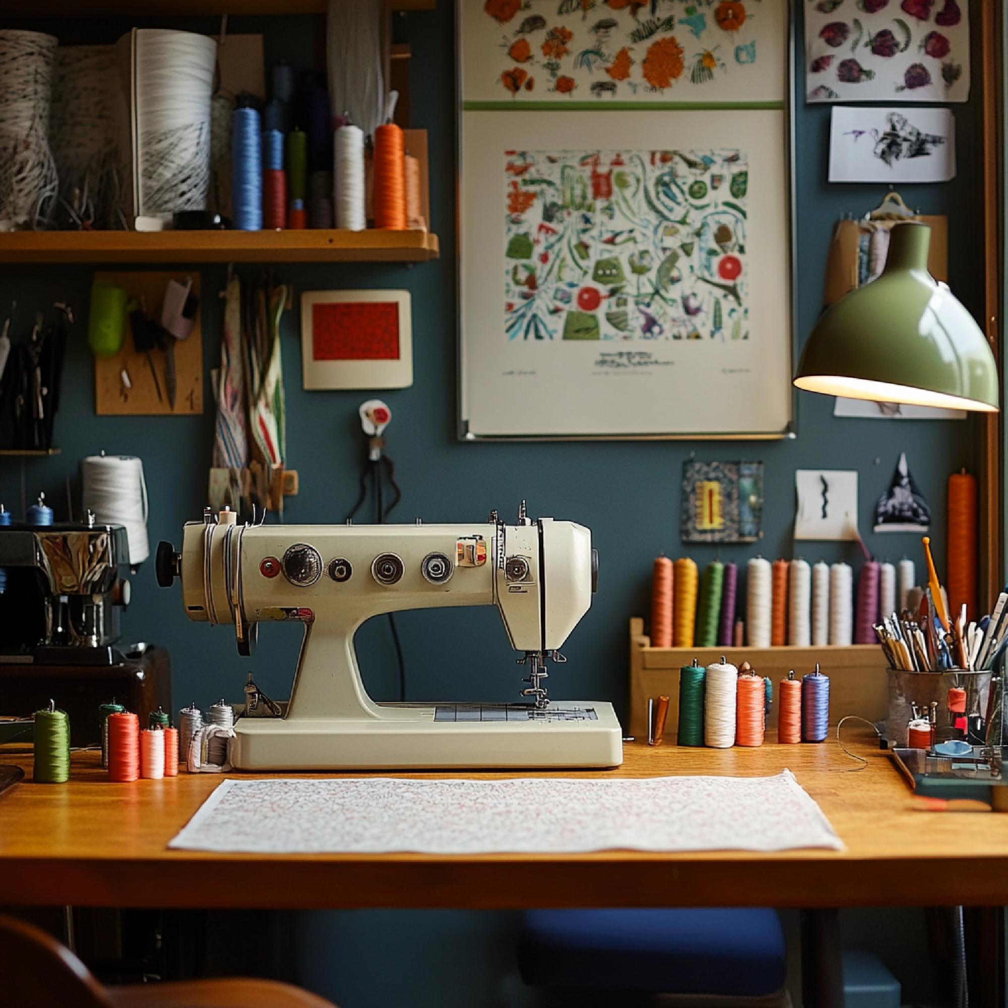 Workshop interior with sewing machine and threads